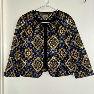 ANN TAYLOR LOFT (Size MP) Metallic Gold&Royal Blue Quilted 3/4 Sleeve Jacket